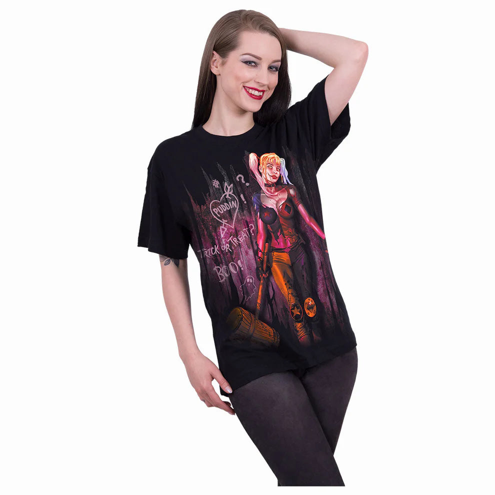Harley Quinn "Trick or Treat" Adult T Shirt. Sizes S to 4XL