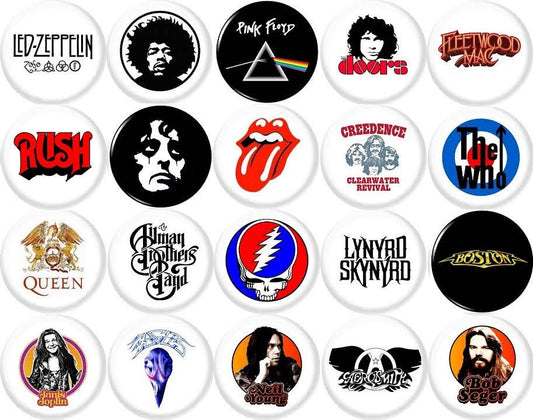 Collection of round BUTTON BADGES with various music band logos on a white background
