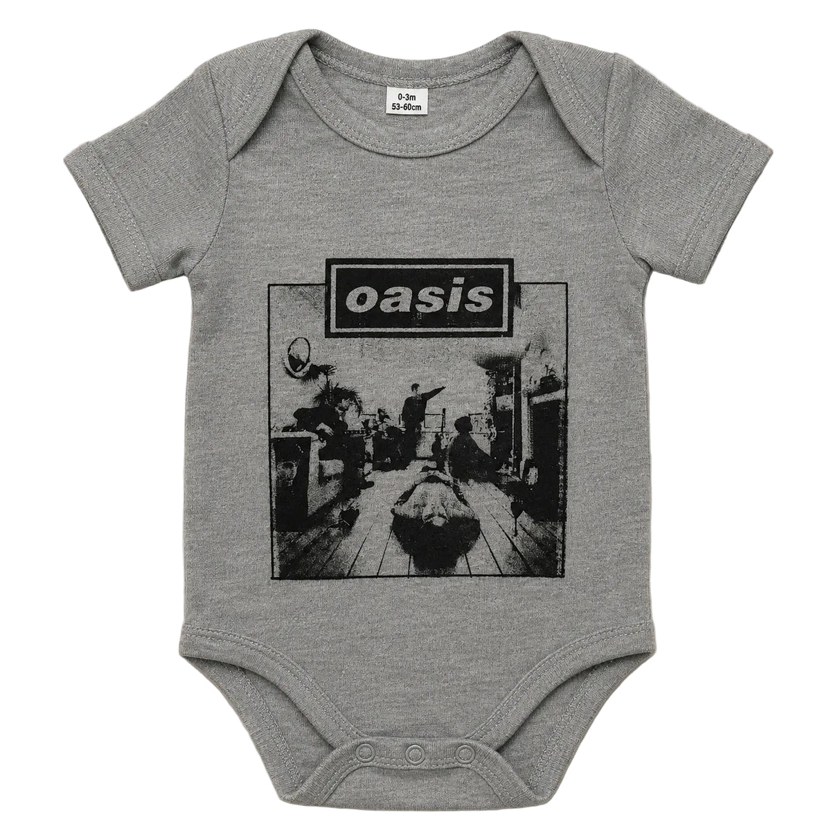 A baby short-sleeve bodysuit in heather gray, featuring a black-and-white graphic print of the band Oasis on the front,