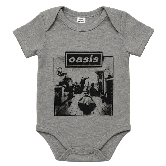 A baby short-sleeve bodysuit in heather gray, featuring a black-and-white graphic print of the band Oasis on the front,