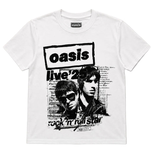 A white short-sleeve crewneck t-shirt featuring a black graphic print of the band Oasis with 'live'25' and 'rock 'n' roll star' text, displayed flat against a light beige background.