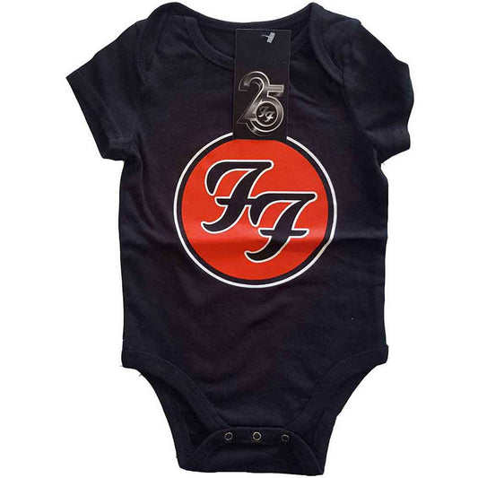 Black baby onesie with a red and black logo on a white background