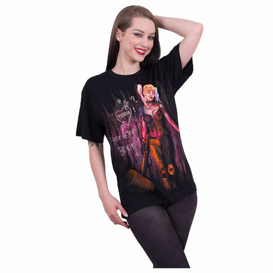 Harley Quinn "Trick or Treat" Adult T Shirt. Sizes S to 4XL