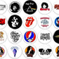 Collection of round BUTTON BADGES with various music band logos on a white background