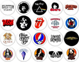 Collection of round BUTTON BADGES with various music band logos on a white background