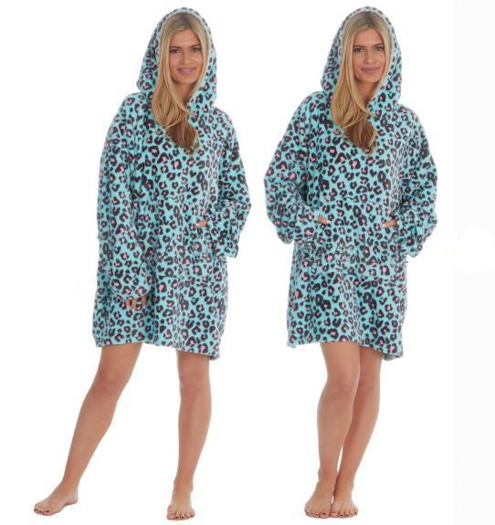 Ladies Leopard Print Oversized Fleece Hoodie