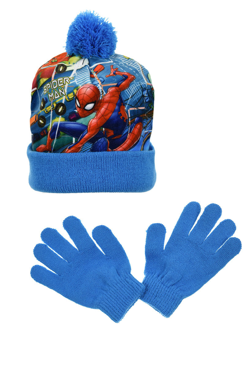 spiderman bobble hat and gloves blue