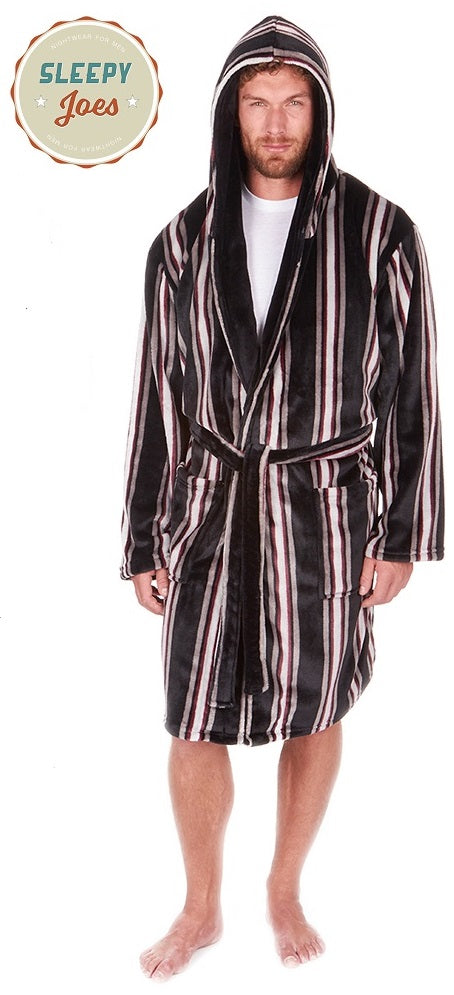 Men's Black Striped Dressing Gown By Sleepy Joe's