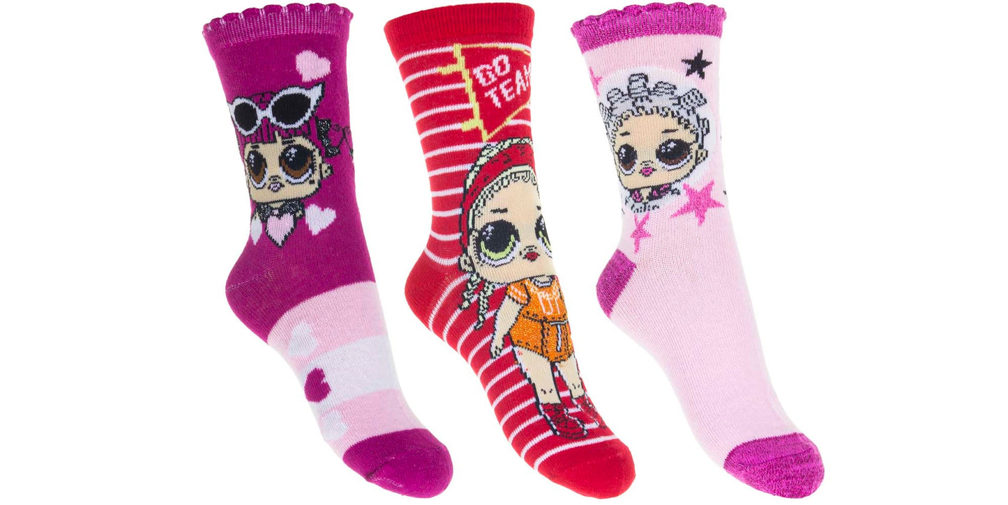 Lovely LOL Surprise GO TEAM Socks 2 Designs in 3 Sizes 3 pair packs