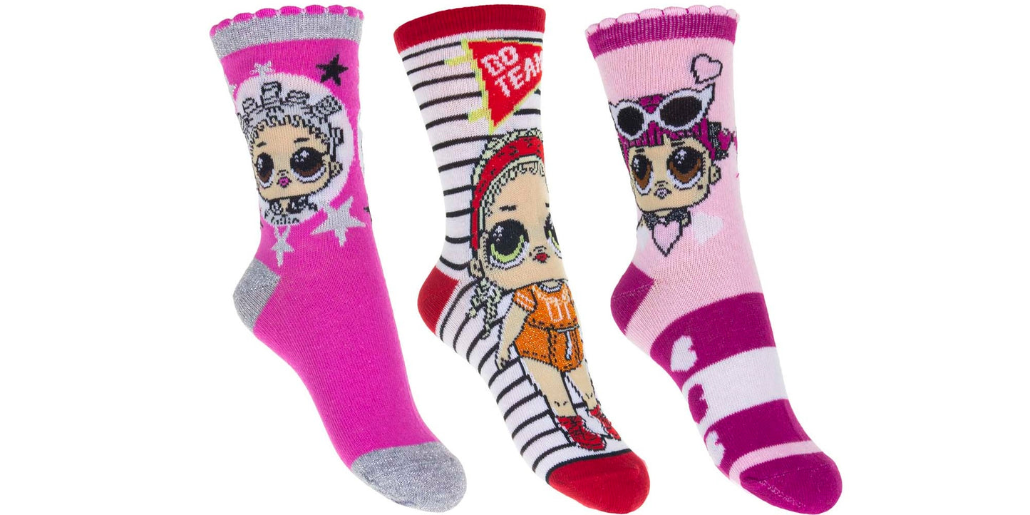 Lovely LOL Surprise GO TEAM Socks 2 Designs in 3 Sizes 3 pair packs